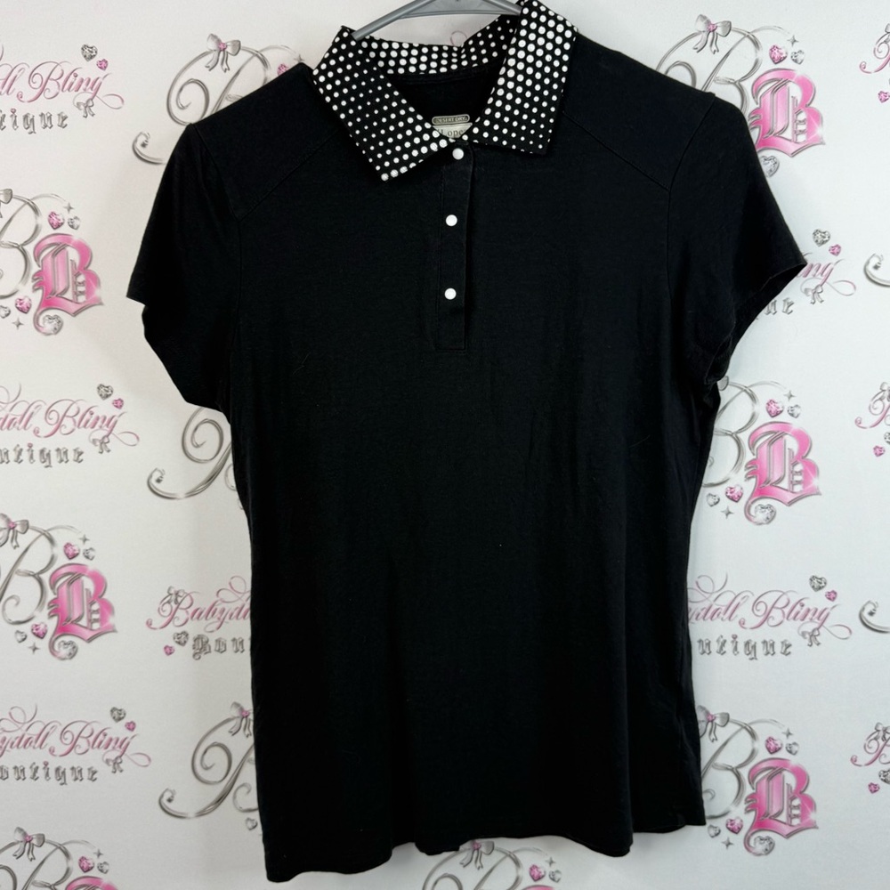 Lopez polo shirt collared button Elegant Black Women's Top with Polka Dot Collar
